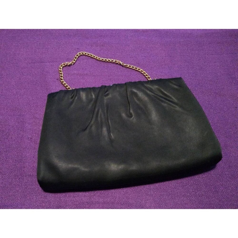 Vintage Black satin clutch handbag purse bag clasp retractable Chain Handle AsIs - Picture 10 of 10